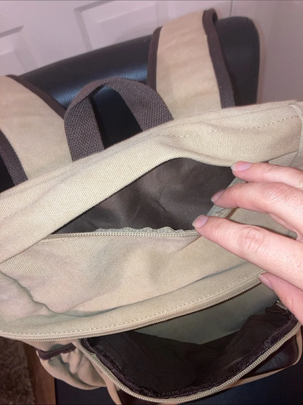 Portage Unisex Beige Canvas Backpack with Brown Trim